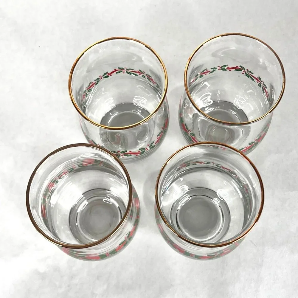 4 Libbey Christmas Holly Berry Glass Red Ribbon Tumbler Tulip Gold Rim 14 OZ VTG
